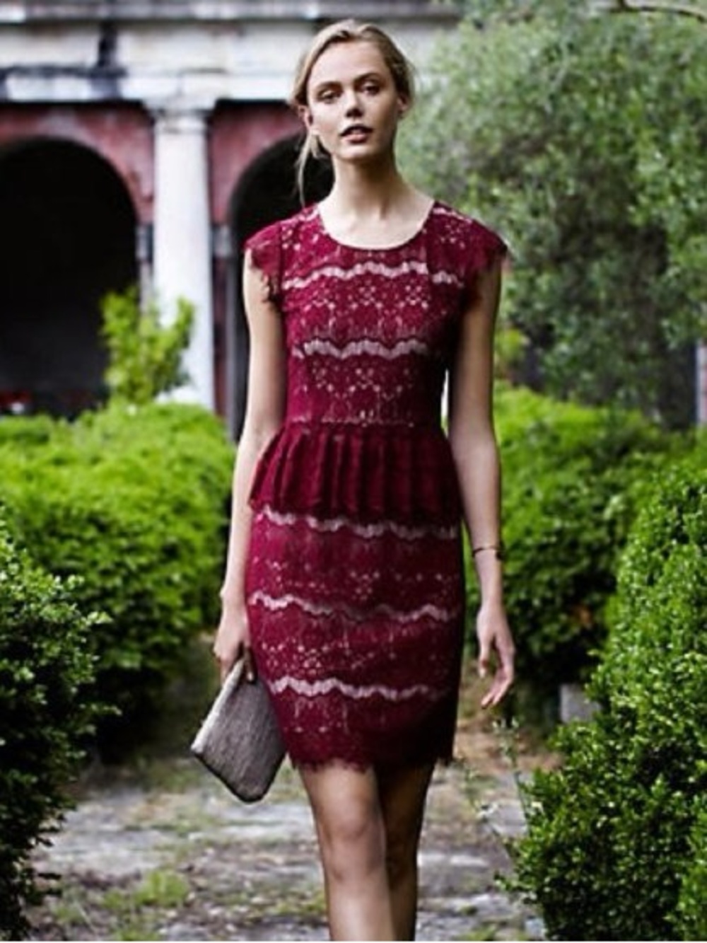 Anthropologie Maeve Elsa Burgundy Sheer Lace Peplum Ruffle Mini Dress M